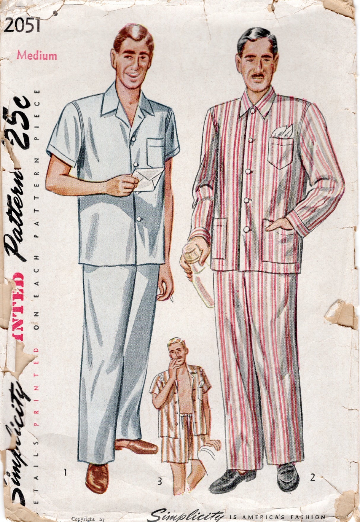 1950's Simplicity Men's Two Piece Pajama Set Pattern - Chest 38-40" - No. 2051