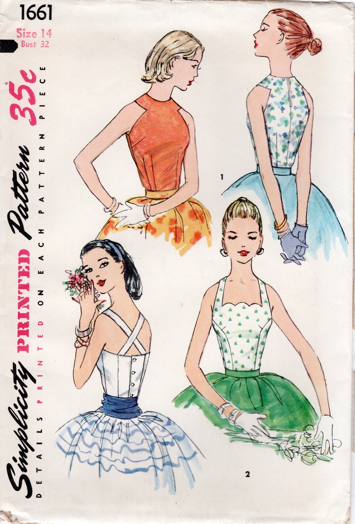 1950's Simplicity Set of Blouses Pattern with High Rounded Neckline or Scallop Halter-effect Neckline - Bust 32" - No. 1661