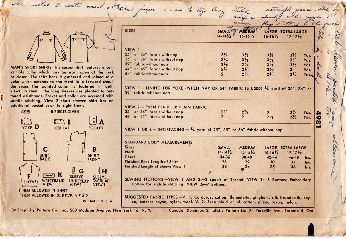 1950's Simplicity Men's Sport Button Up Shirt Pattern - Chest 42-44" - No. 4981