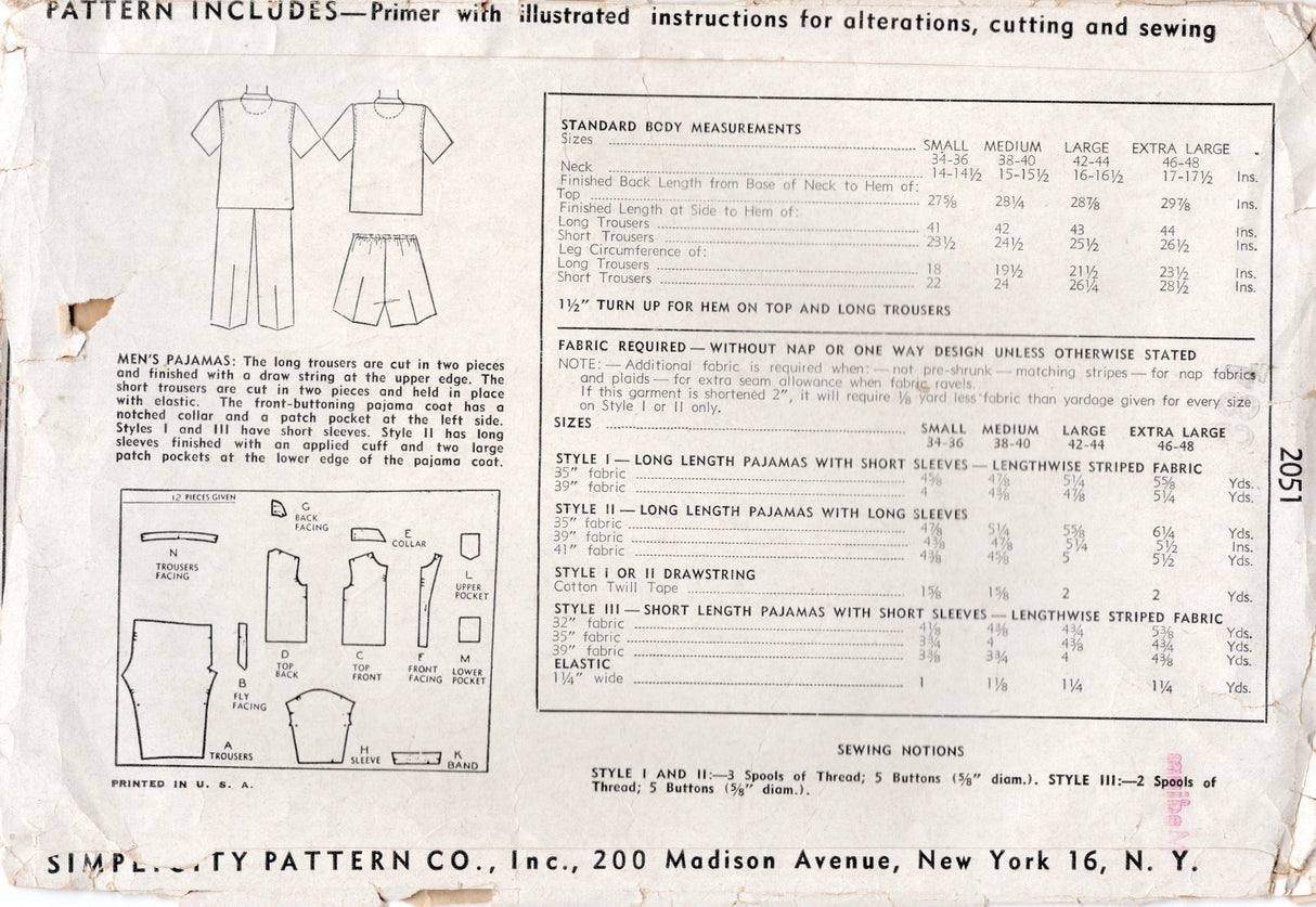 1950's Simplicity Men's Two Piece Pajama Set Pattern - Chest 38-40" - No. 2051