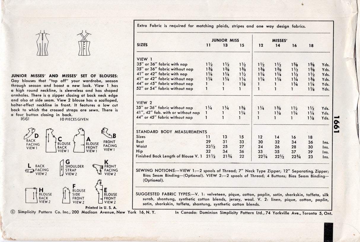 1950's Simplicity Set of Blouses Pattern with High Rounded Neckline or Scallop Halter-effect Neckline - Bust 32" - No. 1661