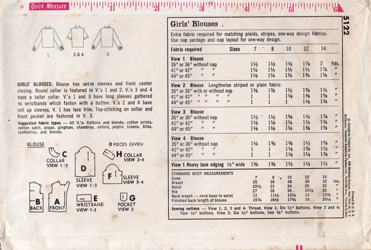1960's Simplicity Child's Button Up Blouse Pattern - Chest 28" - No. 5122