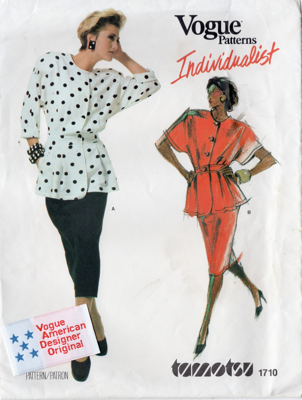 1980's Vogue Individualist Peplum Button Up Shirt and Pencil Skirt Pattern - TAMOTSU - Bust 34" - No. 1710
