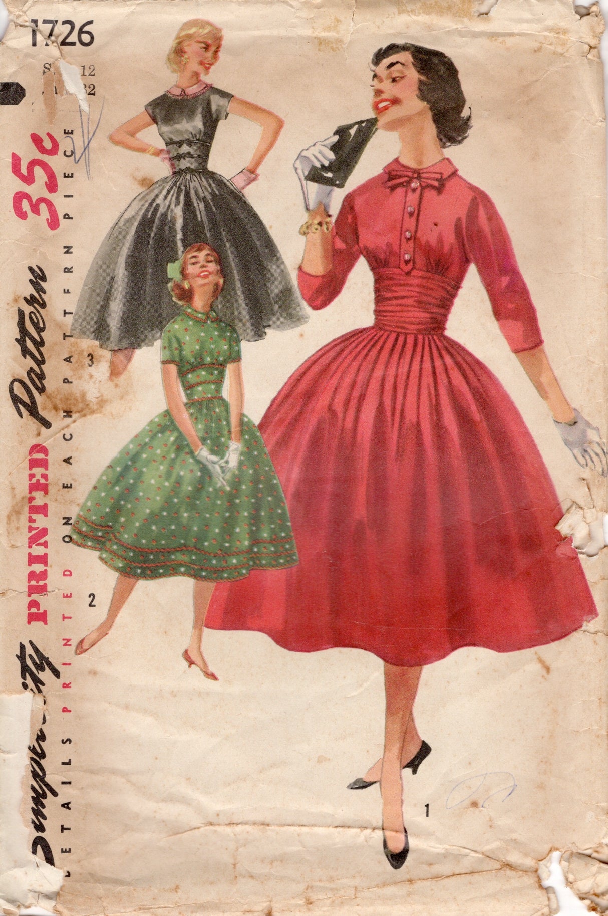 1950's Simplicity Fitted Waist Fit and Flare Dress Pattern with Cummerbund - Bust 32" - No. 2172