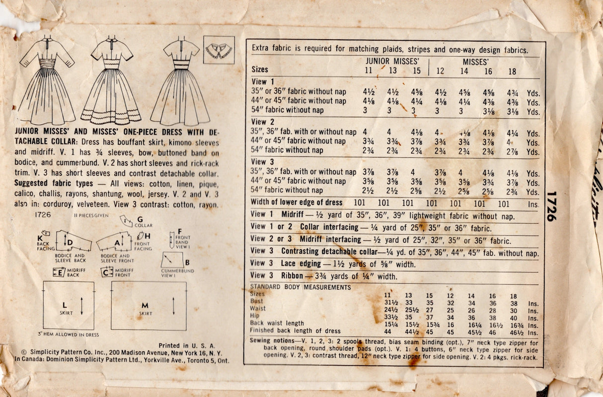 1950's Simplicity Fitted Waist Fit and Flare Dress Pattern with Cummerbund - Bust 32" - No. 2172