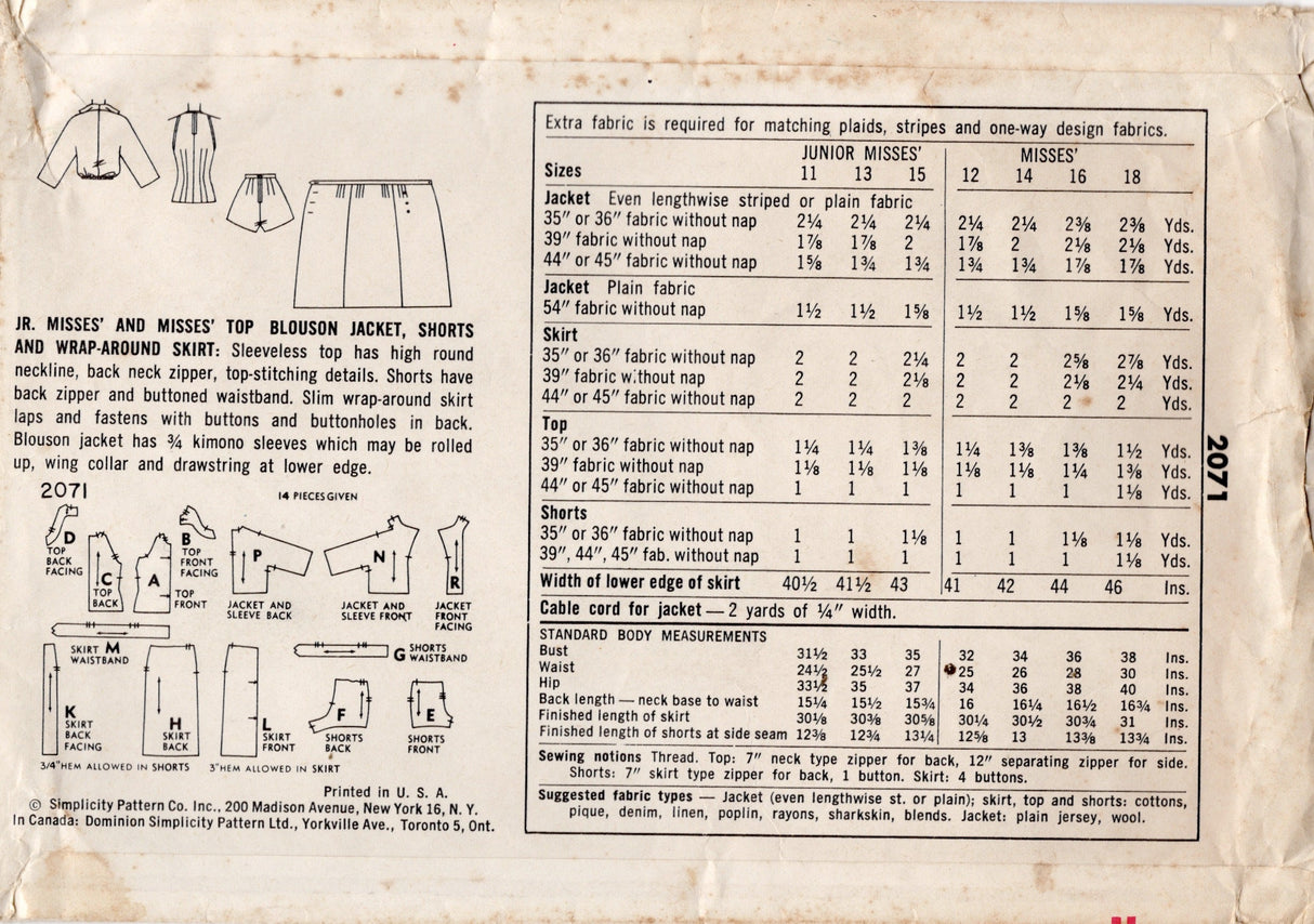 1950's Simplicity Summer Set Pattern with Shorts, Slim Skirt, Fitted Top and Blouson Jacket - Bust 31.5" - No. 2071