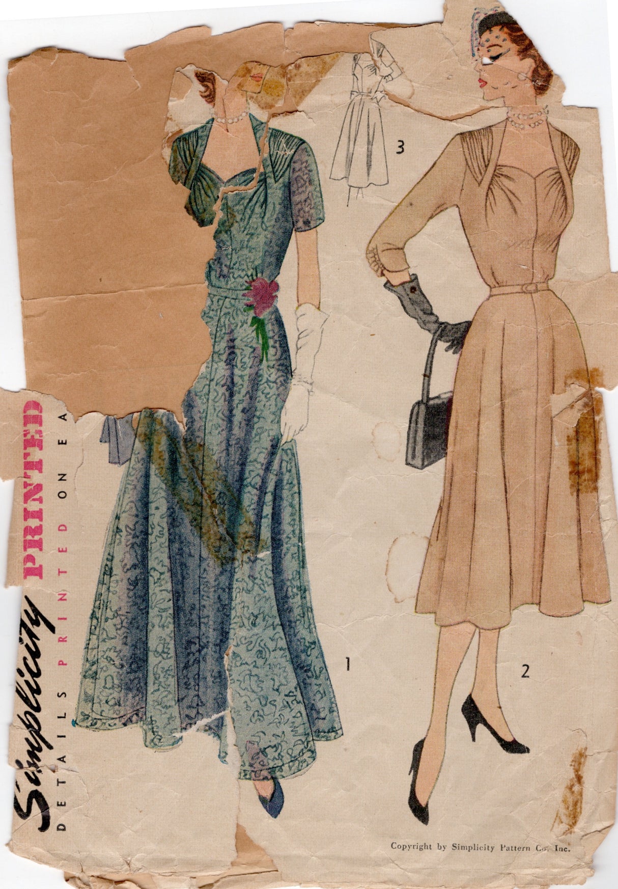 1950's Simplicity Gathered Accent Dress Pattern in Daytime and Evening Lengths - Bust 32" - No. 8438