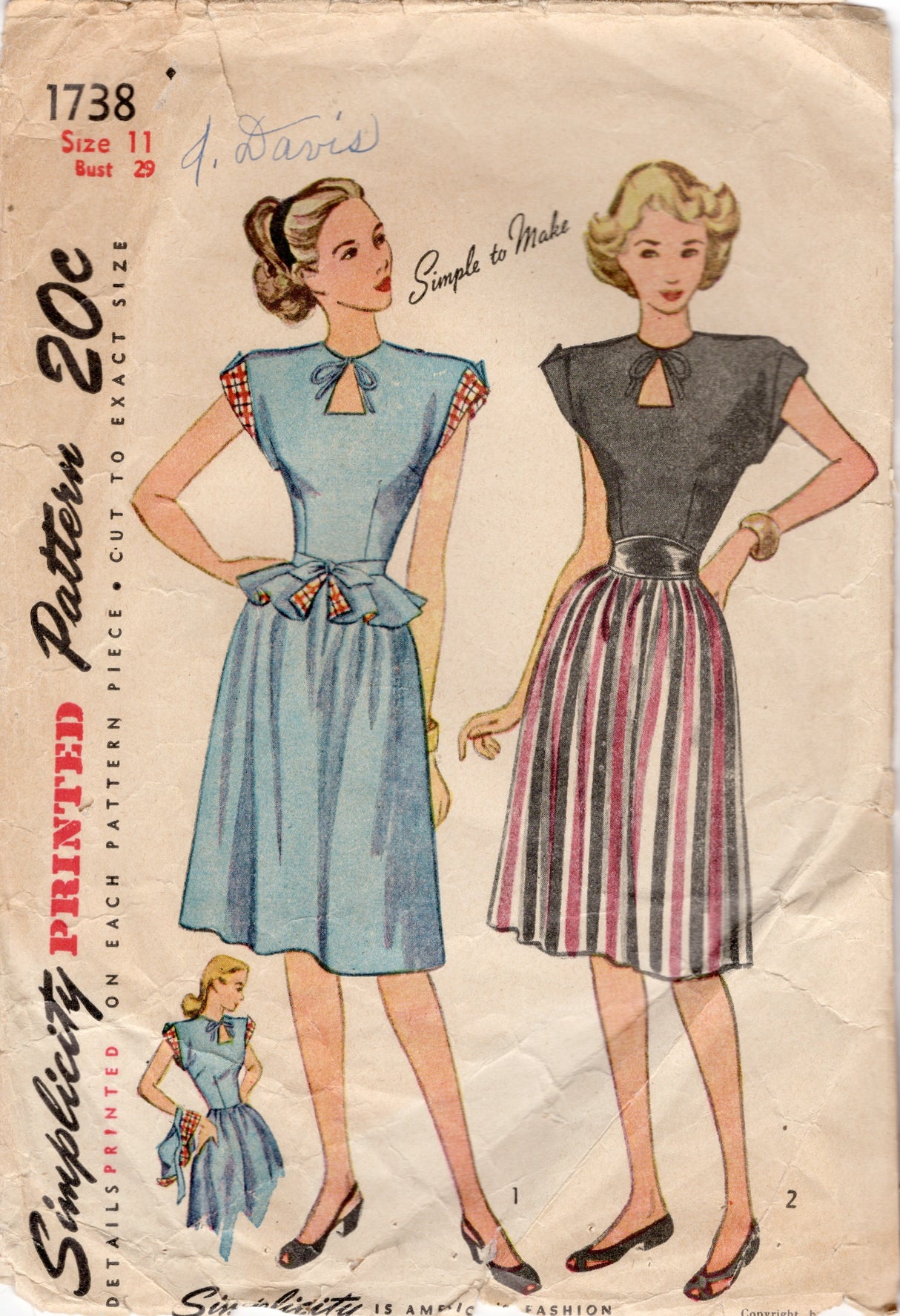1940's Simplicity One Piece Dress Pattern with Keyhole Neckline and Belted Peplum - Bust 29" - No. 1738