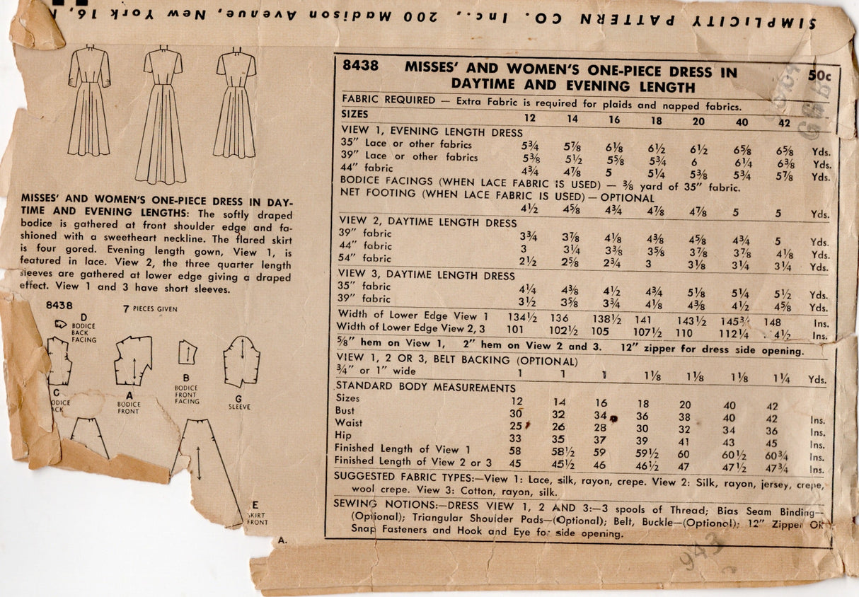 1950's Simplicity Gathered Accent Dress Pattern in Daytime and Evening Lengths - Bust 32" - No. 8438