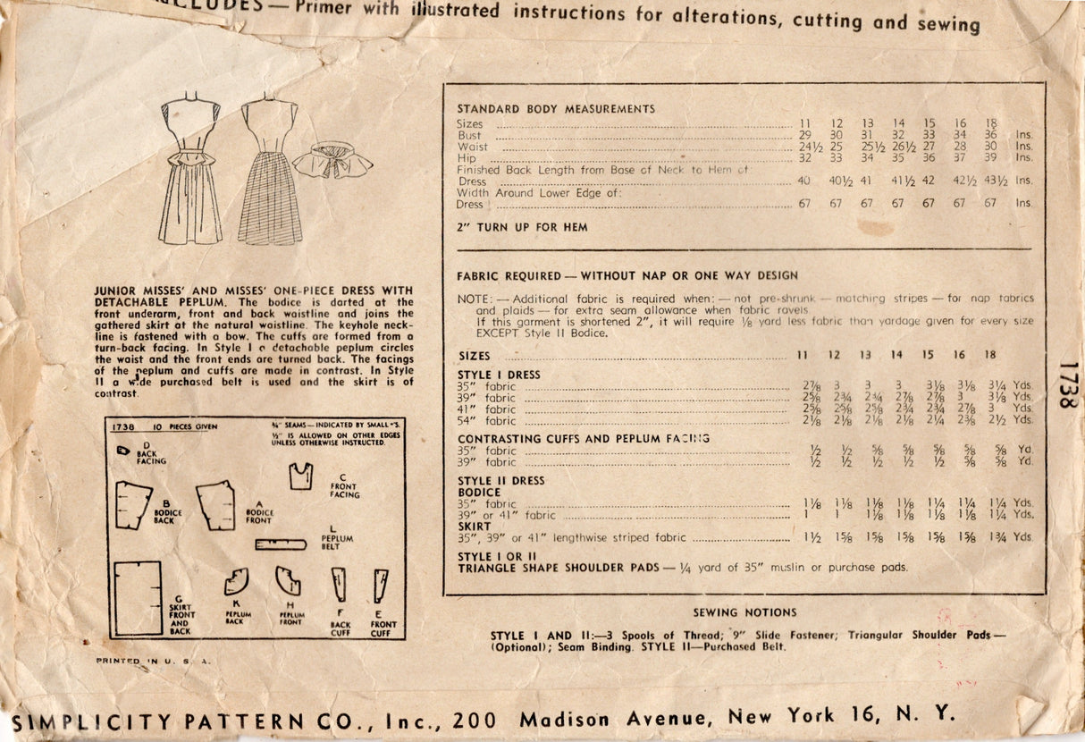 1940's Simplicity One Piece Dress Pattern with Keyhole Neckline and Belted Peplum - Bust 29" - No. 1738