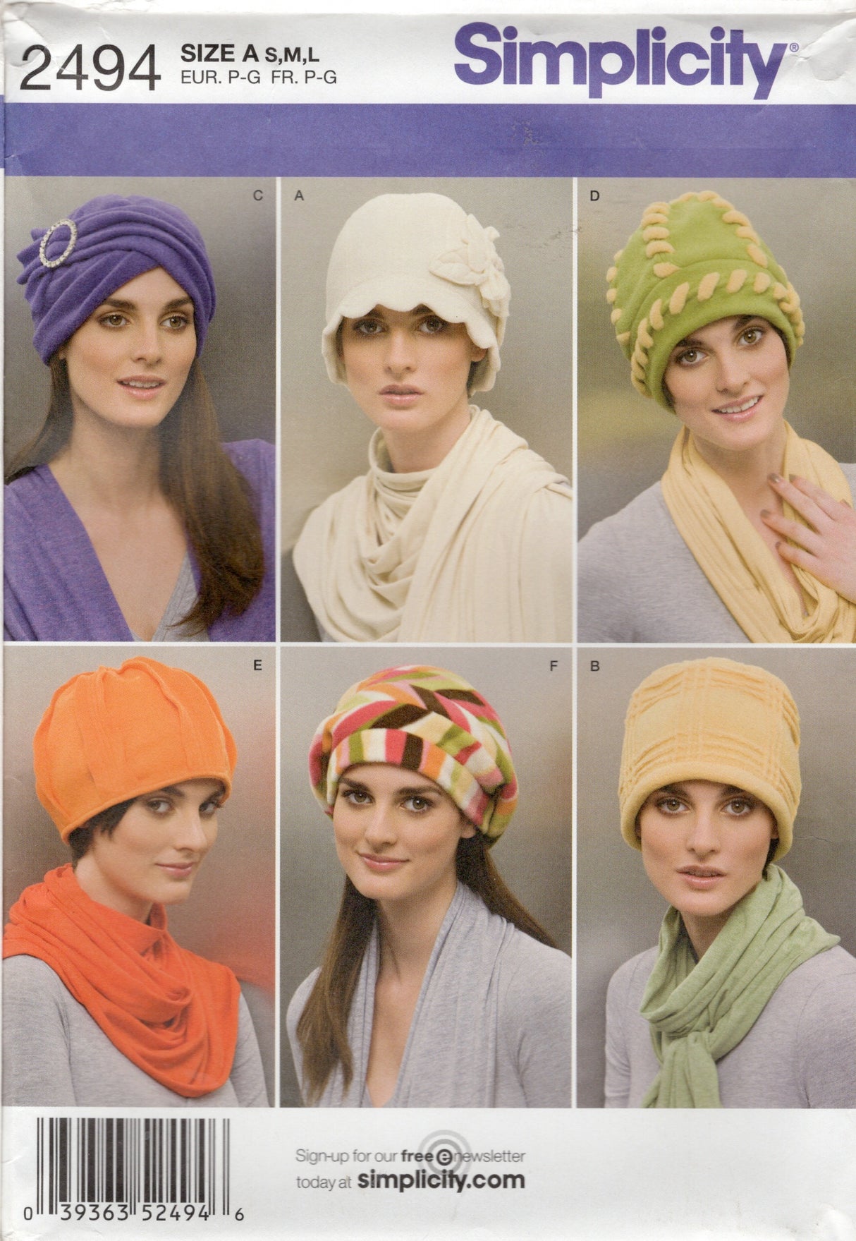 2000's Simplicity Fleece Hats Pattern - Head size 21-23" - No. 2494