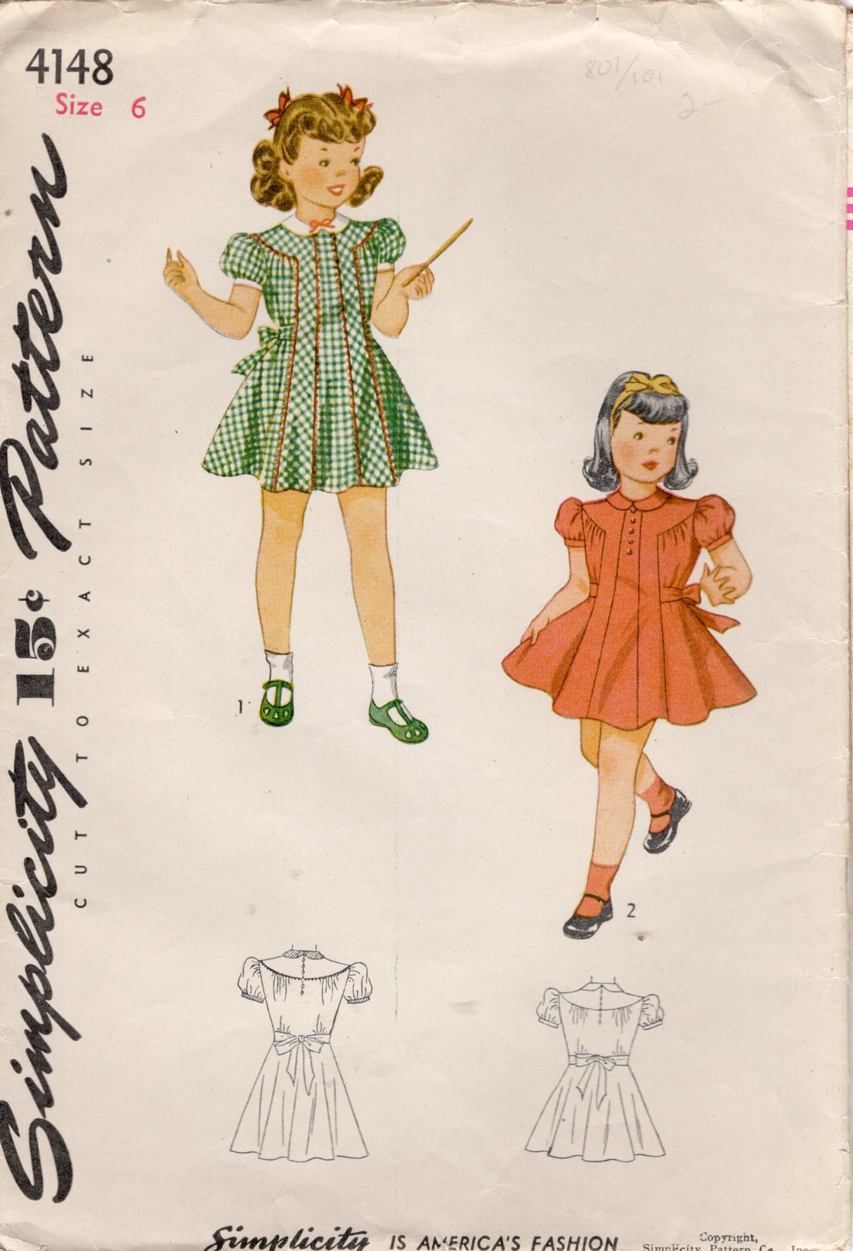1940's Simplicity Child's Yoked Dress Pattern with Peter Pan Collar and Puff Sleeves - Chest 24" - No. 4148