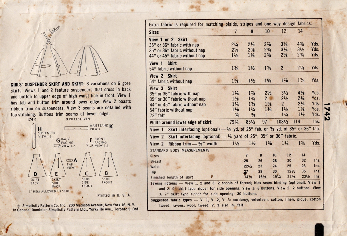 1950's Simplicity Child's Suspender Skirt Pattern - Chest 26" - No. 1742
