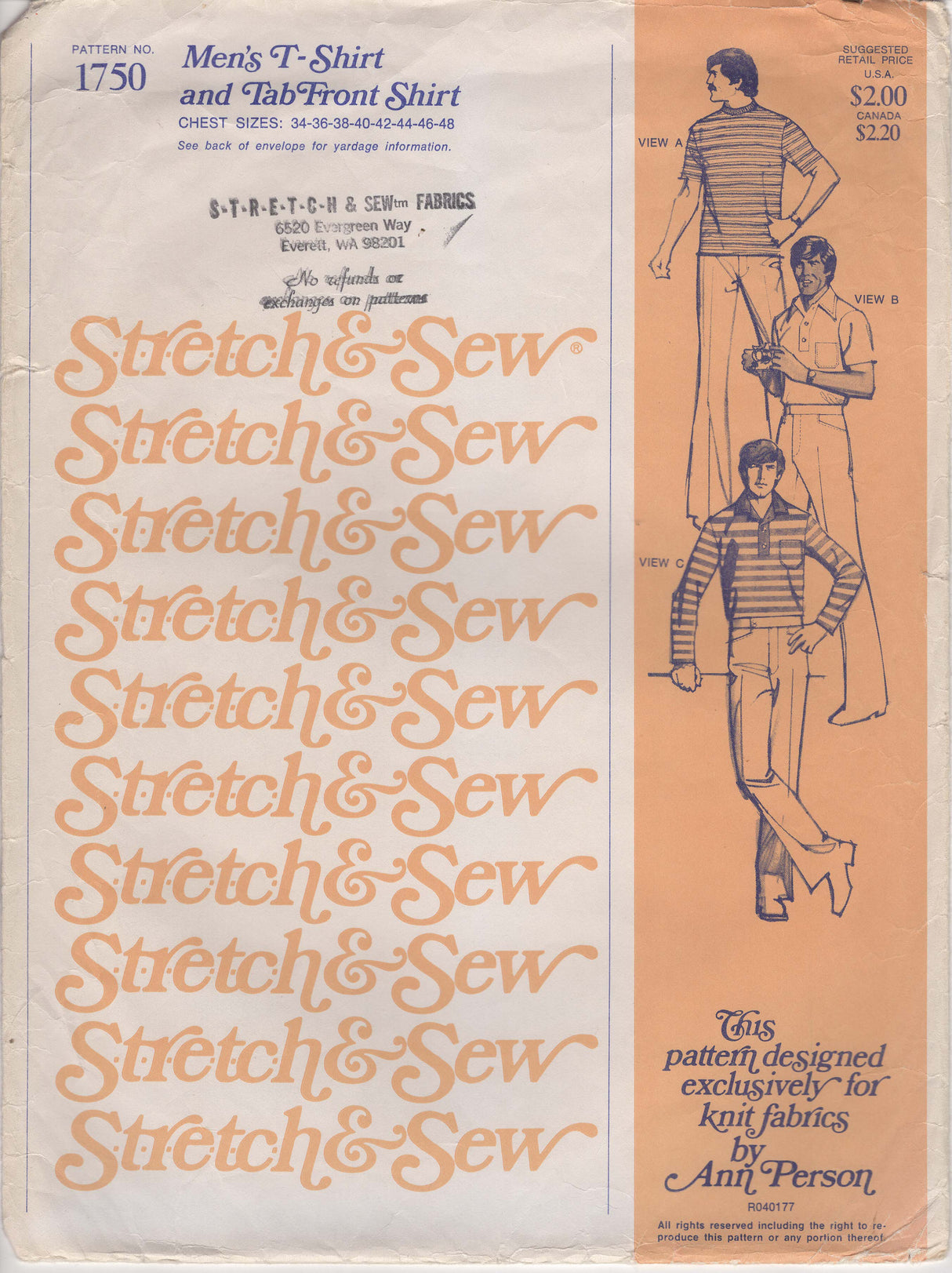 1960's Stretch & Sew Men's T-Shirt and Tab Front Shirt Pattern – Chest 34-48" - No. 1750