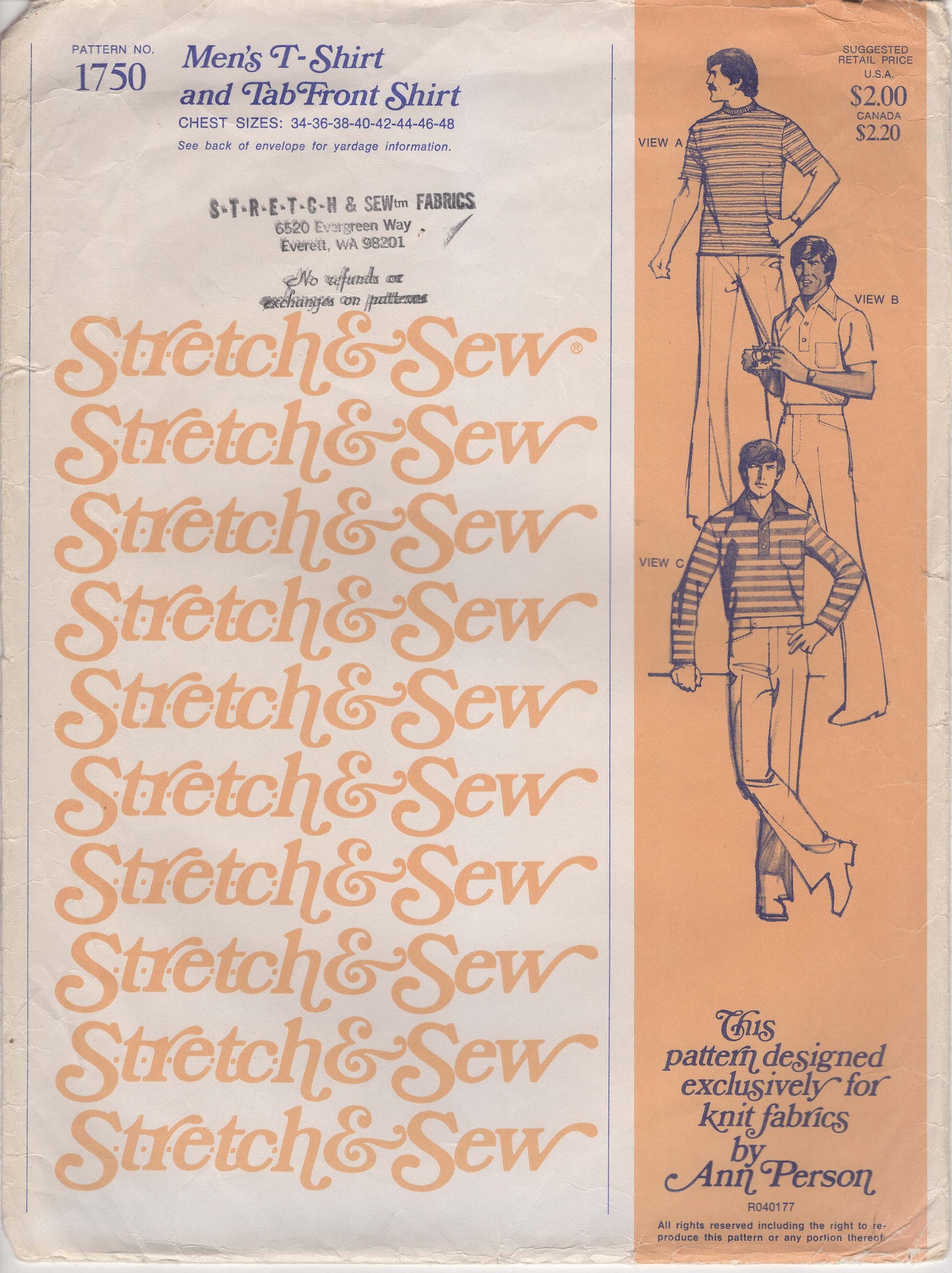 1960's Stretch & Sew Men's T-Shirt and Tab Front Shirt Pattern – Chest 34-48" - No. 1750