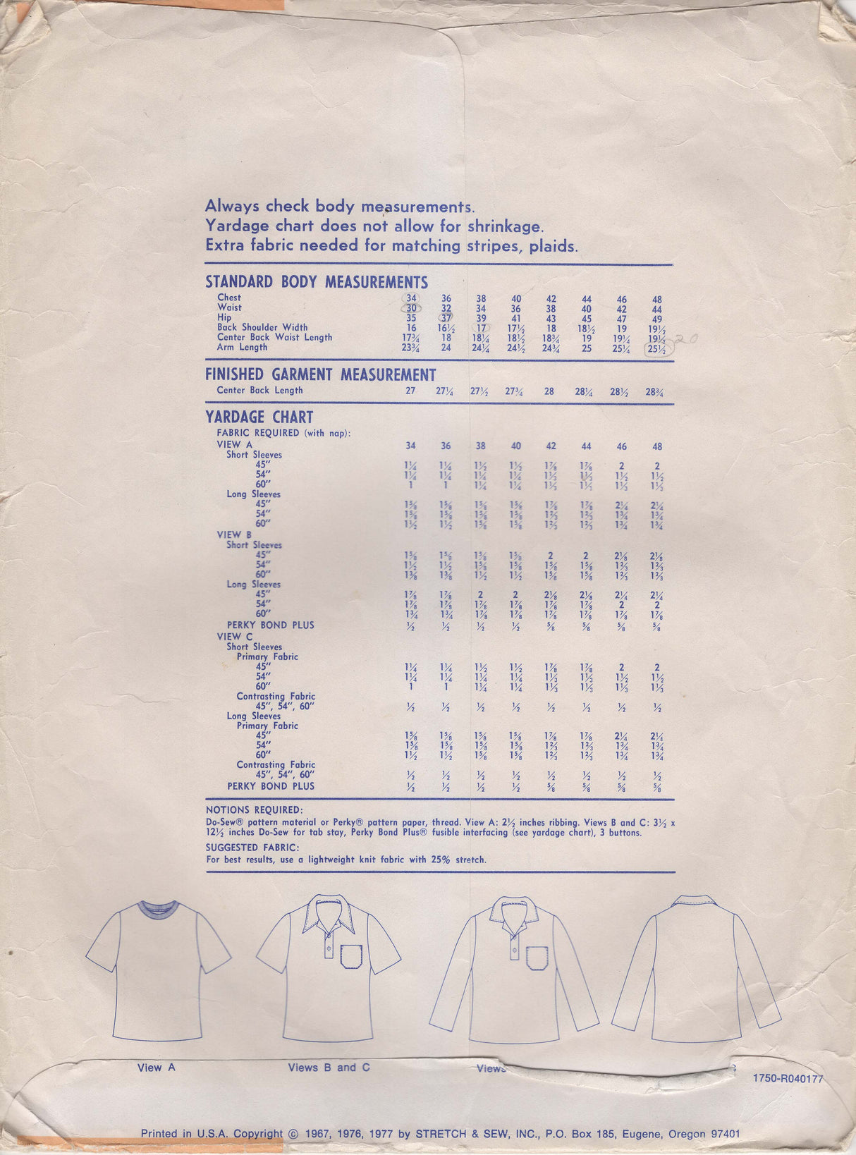 1960's Stretch & Sew Men's T-Shirt and Tab Front Shirt Pattern – Chest 34-48" - No. 1750