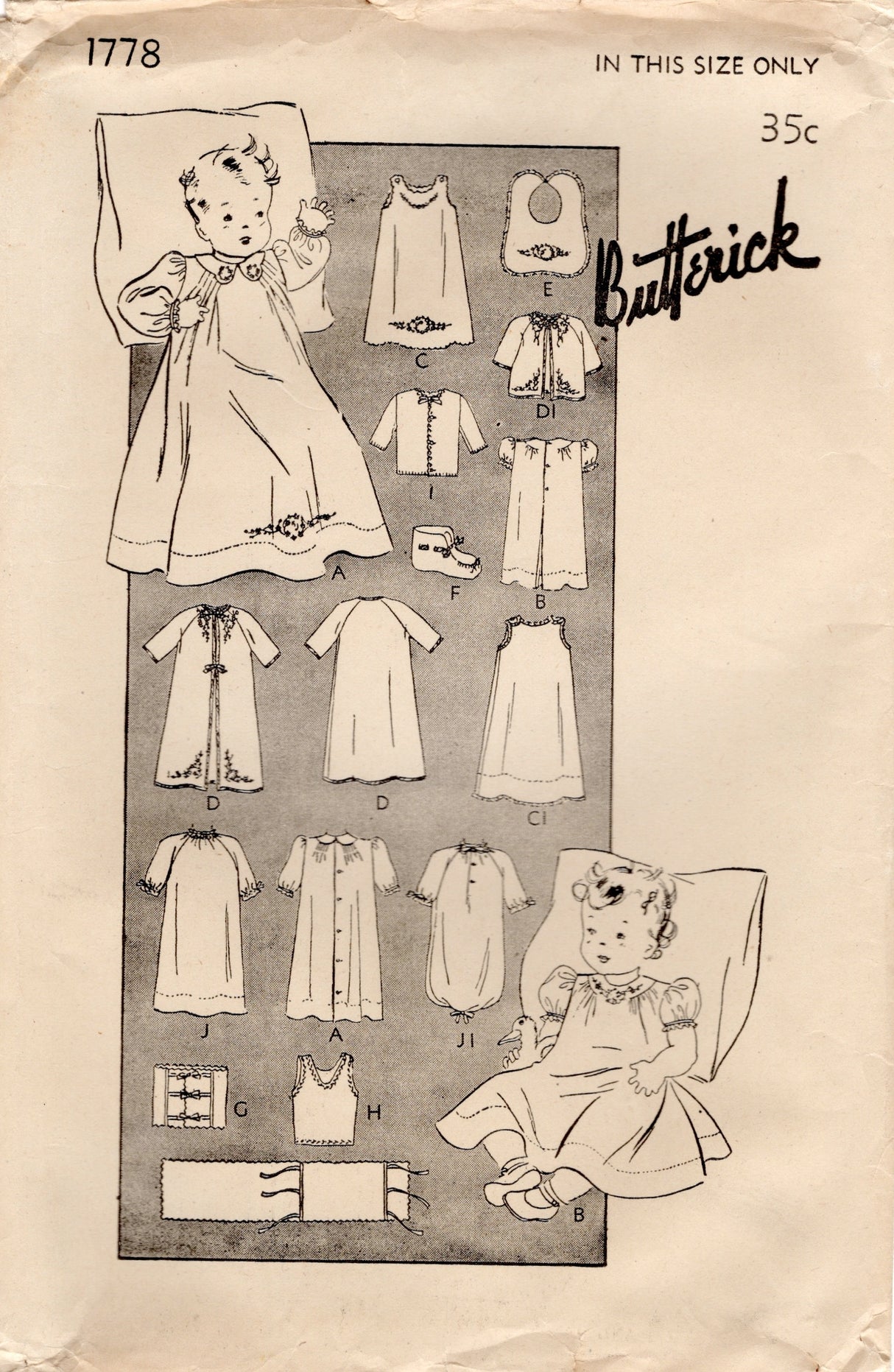 1940's Butterick Infant Layette Pattern -  18" or 21" lengths - No. 1778