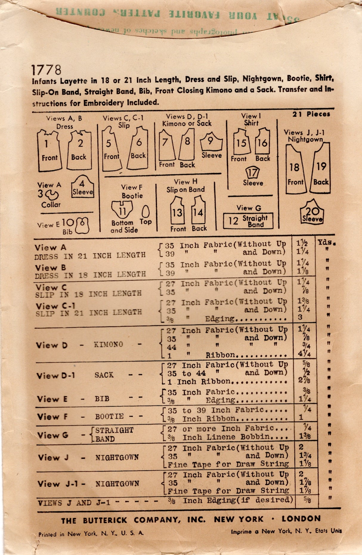 1940's Butterick Infant Layette Pattern -  18" or 21" lengths - No. 1778