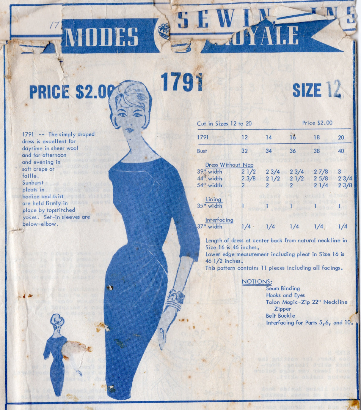 1960's Modes Royale Tucked Bodice and Skirt Sheath Dress Pattern - Bust 32" - No. 1791