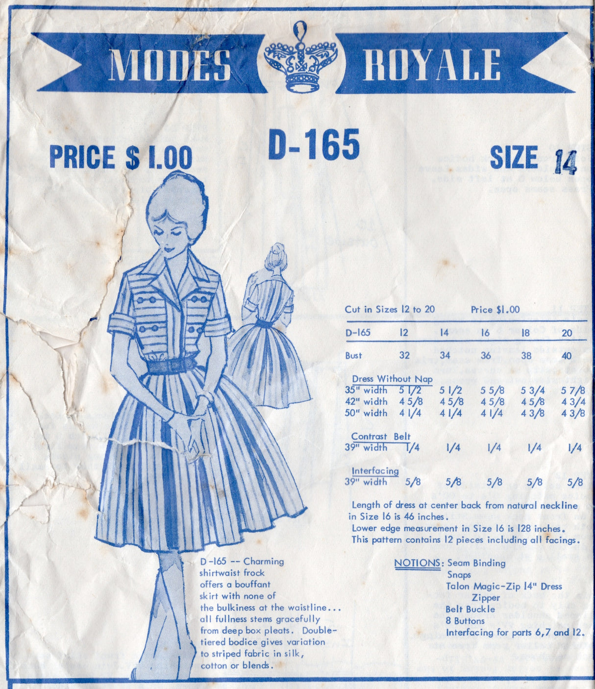 1960's Modes Royale Shirtwaist Dress Pattern - Bust 34" - No. D-165