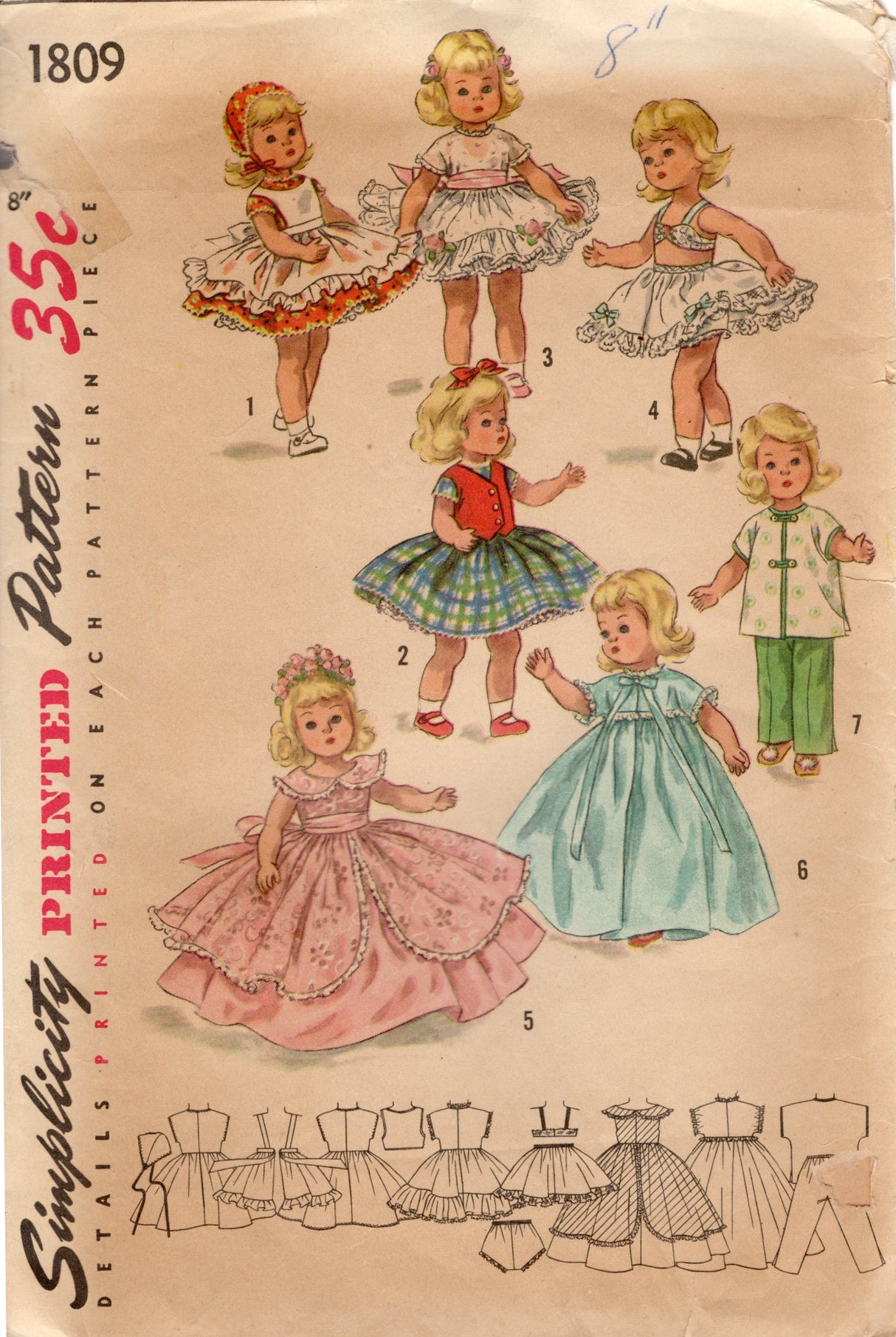 1950's Simplicity Alexander-Kin Doll Clothes Wardrobe Pattern - 8" doll - No. 1809