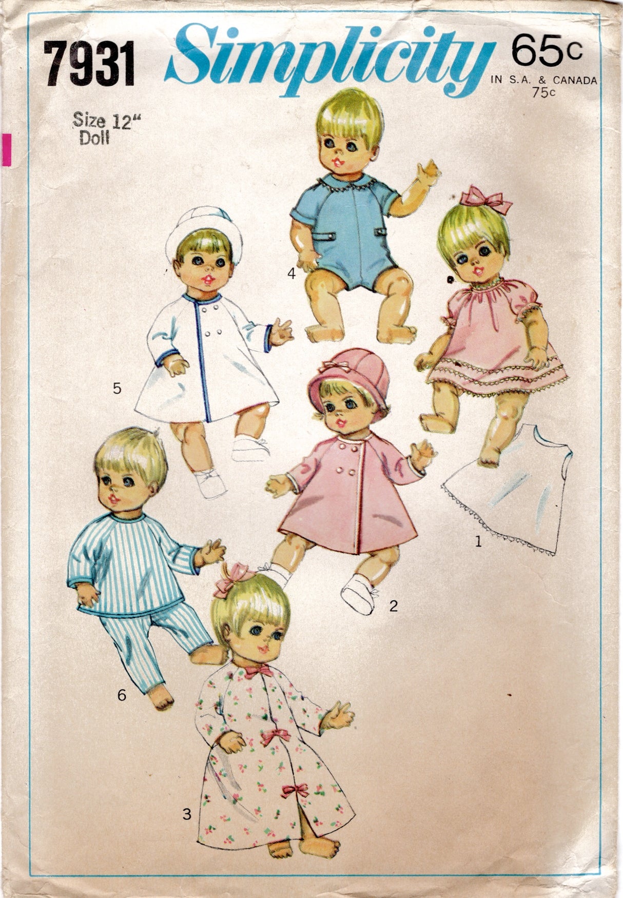 1960's Simplicity Doll Clothes Wardrobe Pattern - 12" doll - No. 7931