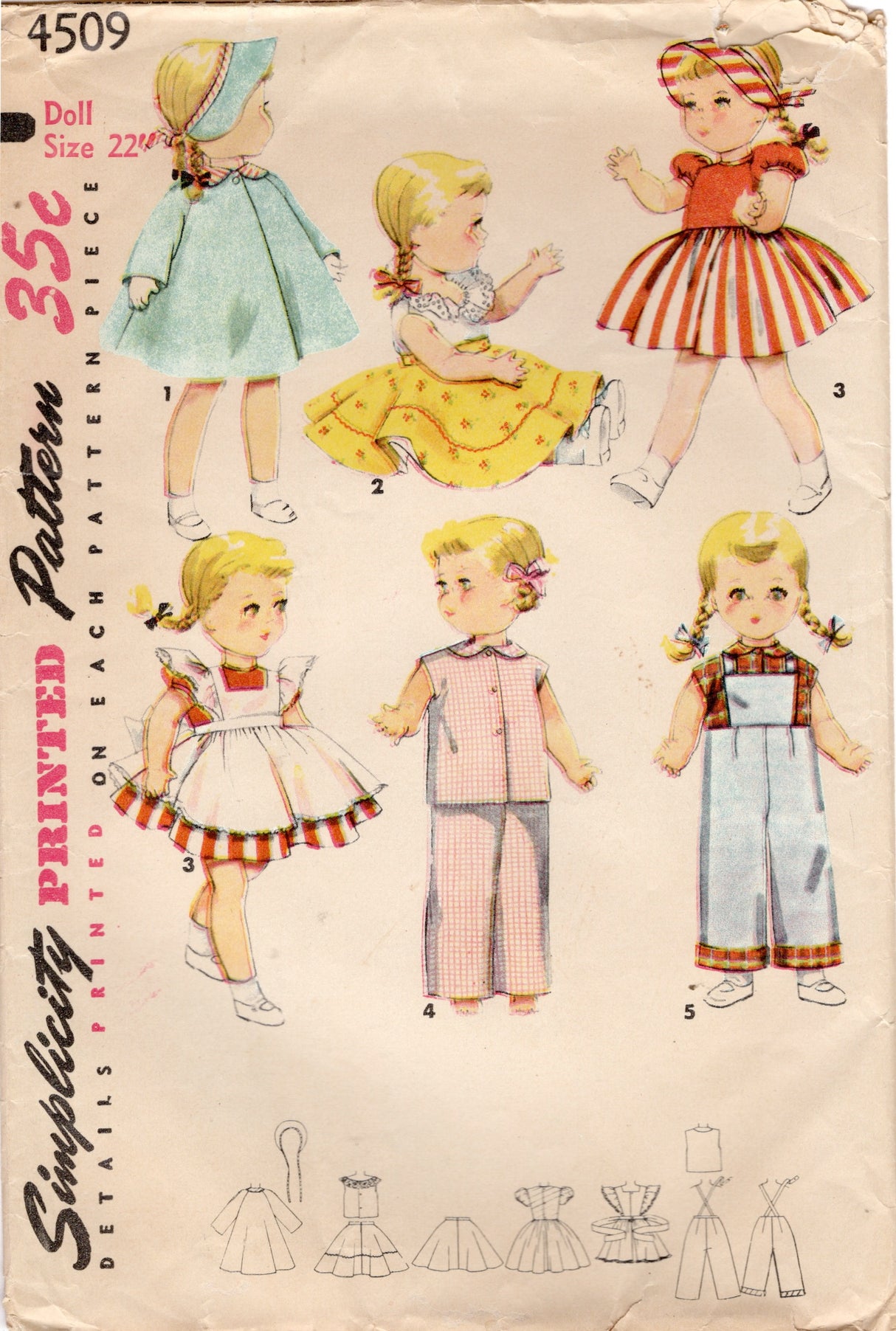 1950's Simplicity Doll Clothes Wardrobe Pattern - 22" doll - No. 4509