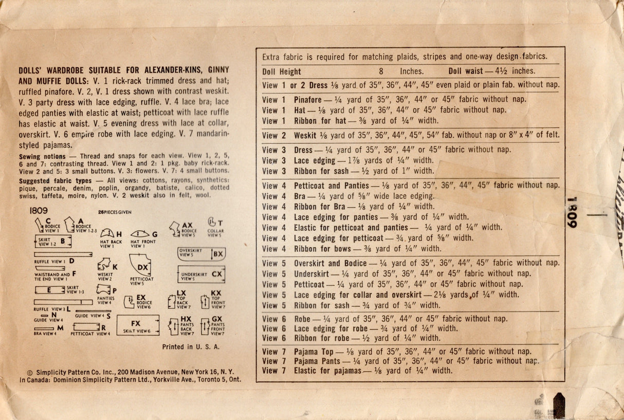 1950's Simplicity Alexander-Kin Doll Clothes Wardrobe Pattern - 8" doll - No. 1809