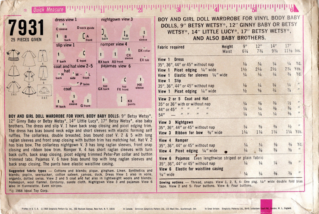 1960's Simplicity Doll Clothes Wardrobe Pattern - 12" doll - No. 7931