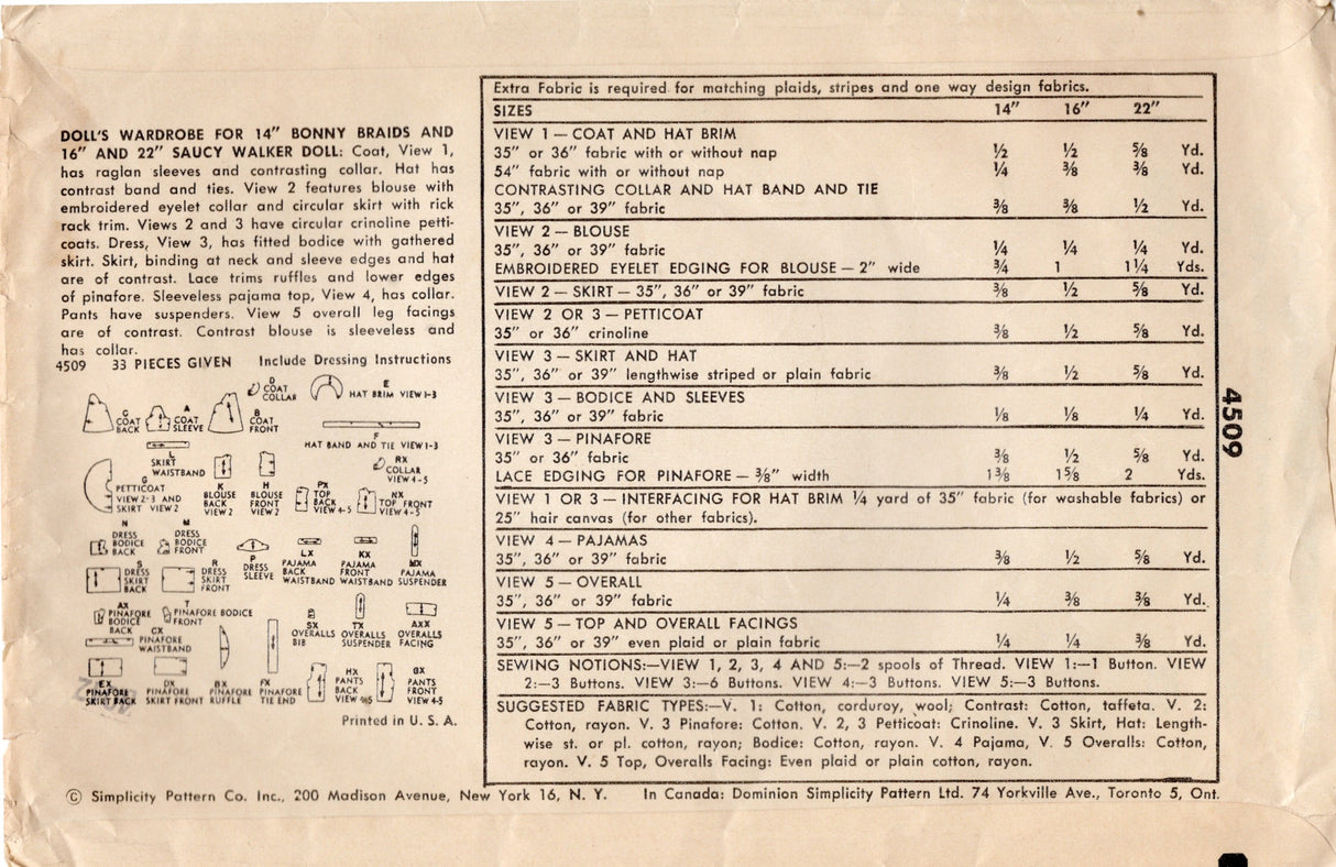 1950's Simplicity Doll Clothes Wardrobe Pattern - 22" doll - No. 4509