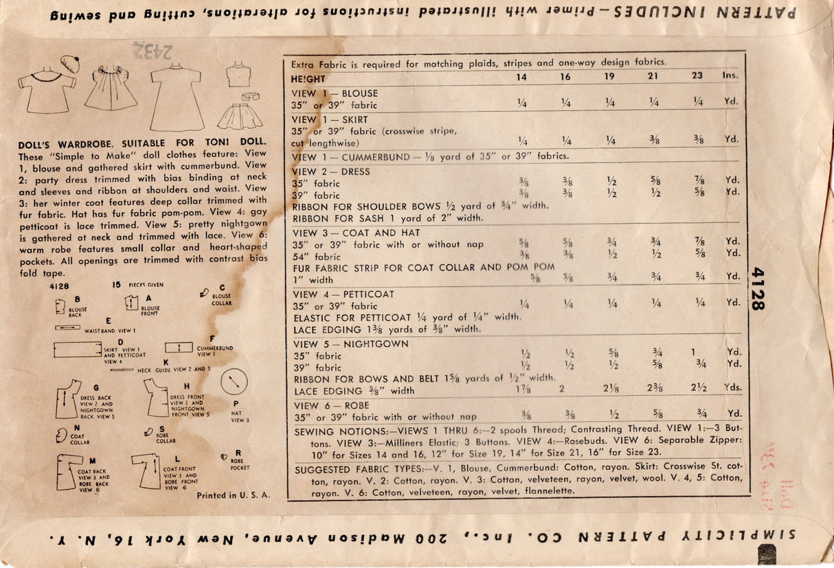 1950's Simplicity Doll Clothes Wardrobe Pattern - 23" doll - No. 4128