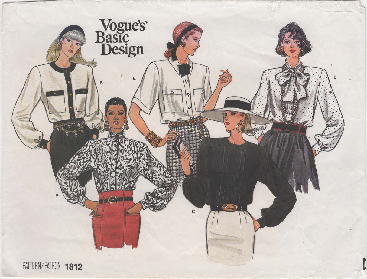 1980's Vogue's Basic Design Loose Fitting Blouse Pattern with Neckband/Collar Varieties - Bust 31.5-34" - No. 1812