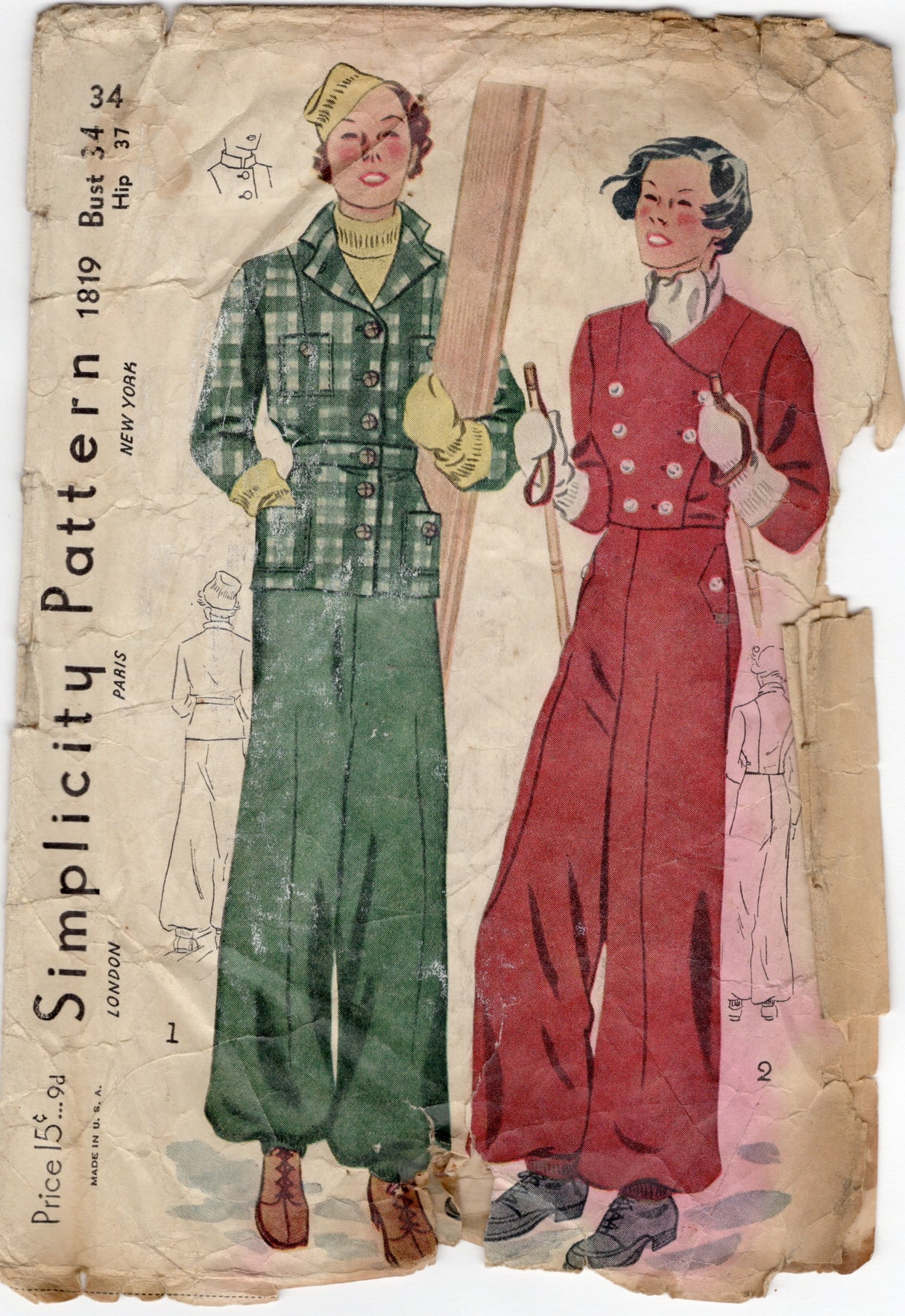 1930's Simplicity Ski Suit Pattern with Single or Double Breasted Fitted Jacket - Bust 34" - No. 1819
