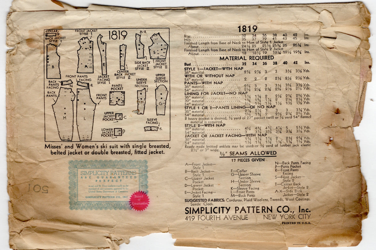 1930's Simplicity Ski Suit Pattern with Single or Double Breasted Fitted Jacket - Bust 34" - No. 1819