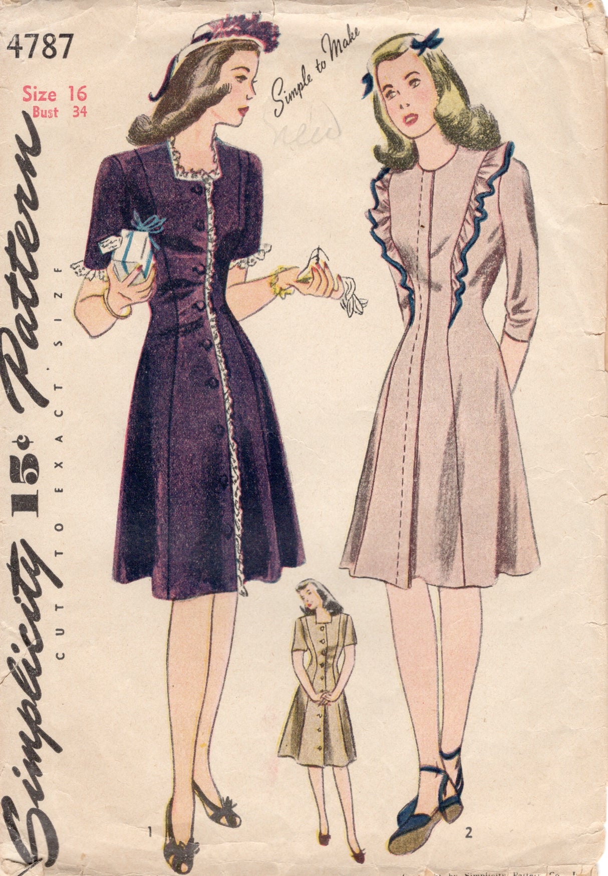 1940's Simplicity Button Front Princess Line Dress Pattern with optional Ruffle - Bust 34" - No. 4787