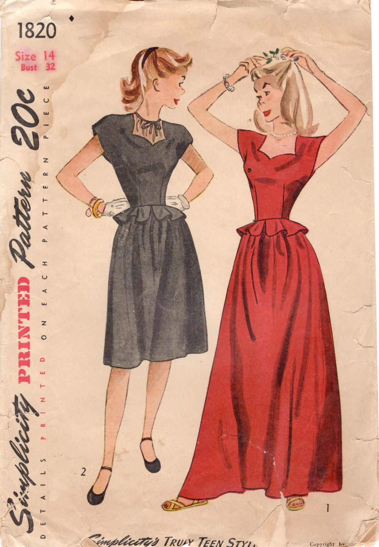 1940's Simplicity One Piece Dress Pattern with Sweetheart Neckline, Peplum and Two length of Skirts - Bust 34" - No. 1820