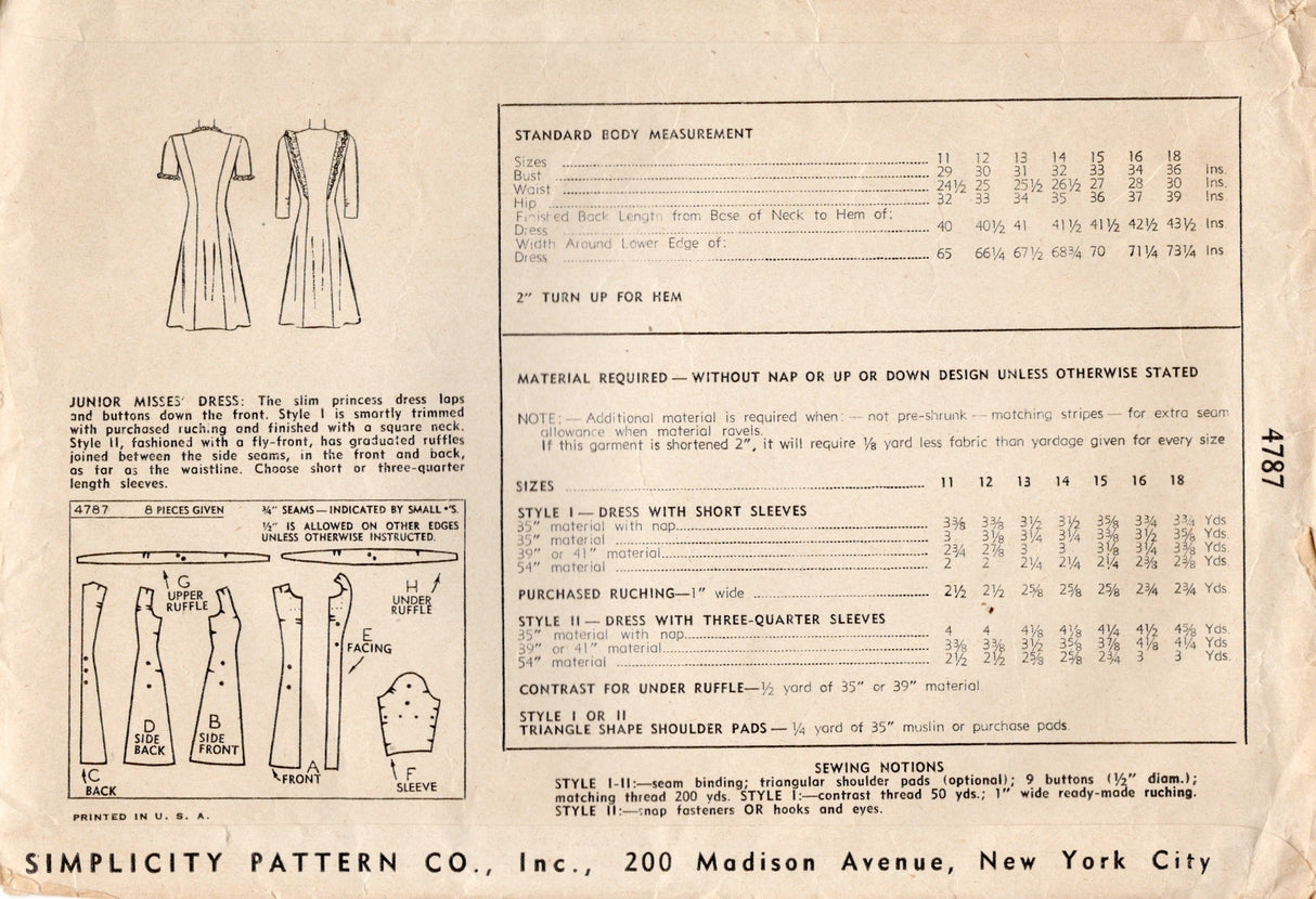 1940's Simplicity Button Front Princess Line Dress Pattern with optional Ruffle - Bust 34" - No. 4787