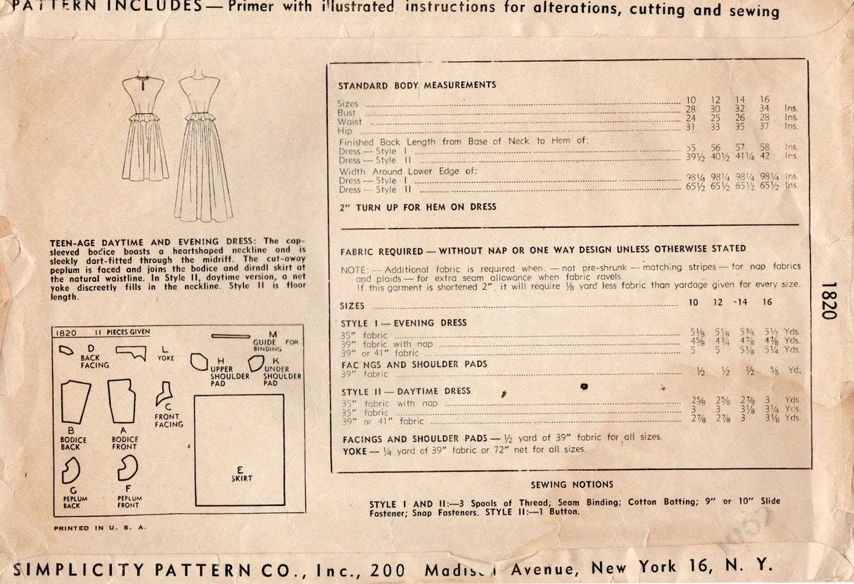1940's Simplicity One Piece Dress Pattern with Sweetheart Neckline, Peplum and Two length of Skirts - Bust 34" - No. 1820