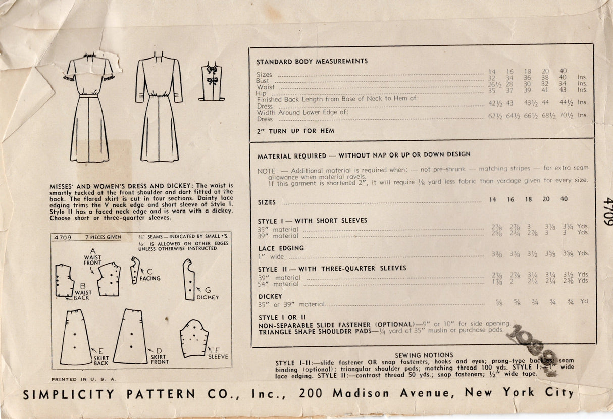 1940's Simplicity Tucked Shoulder One Piece Dress and Dickey Pattern - Bust 34" - No. 4709