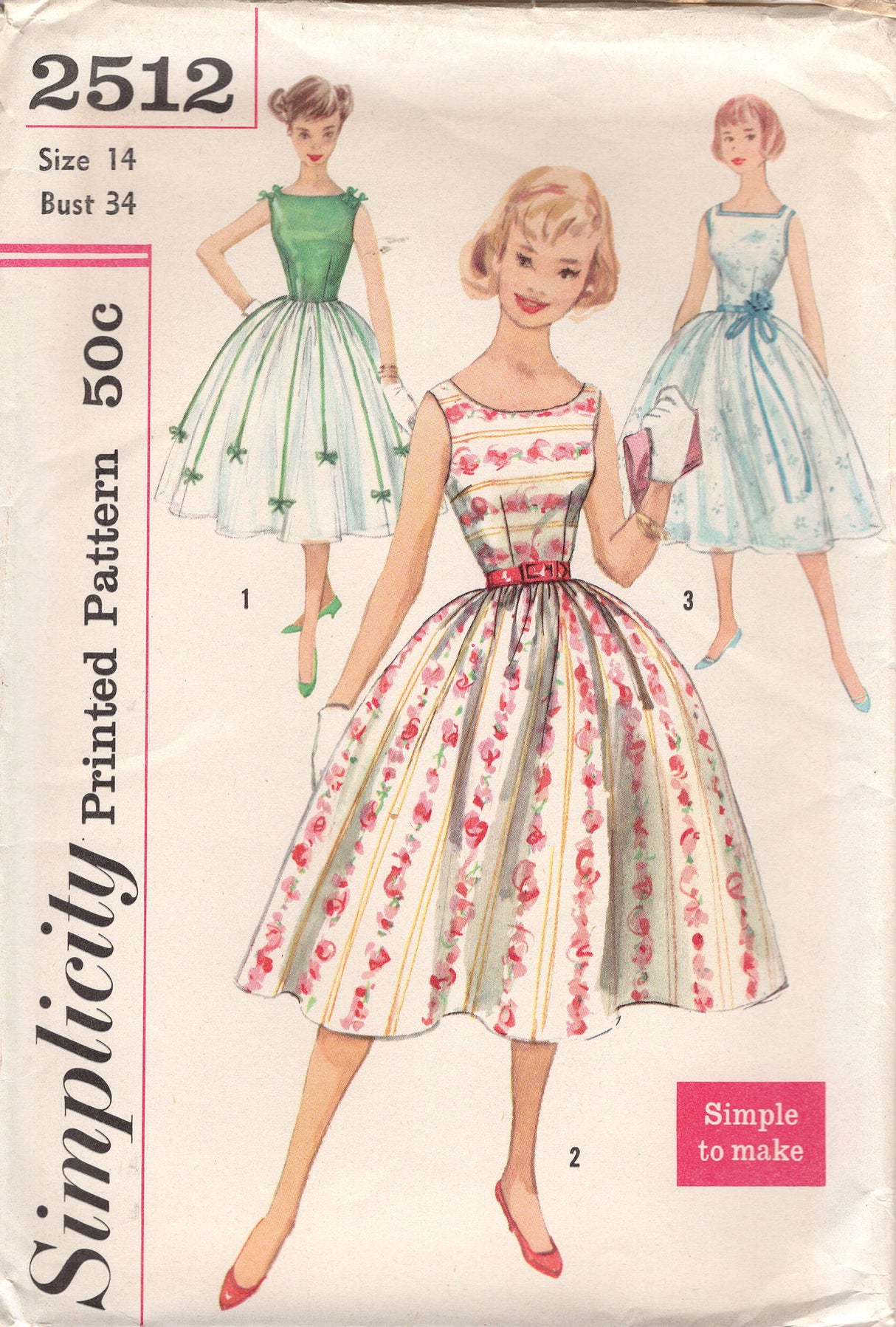 1950's Simplicity Fit and Flare Dress with Square or Scoop Neckline - Bust 34" - No. 2512