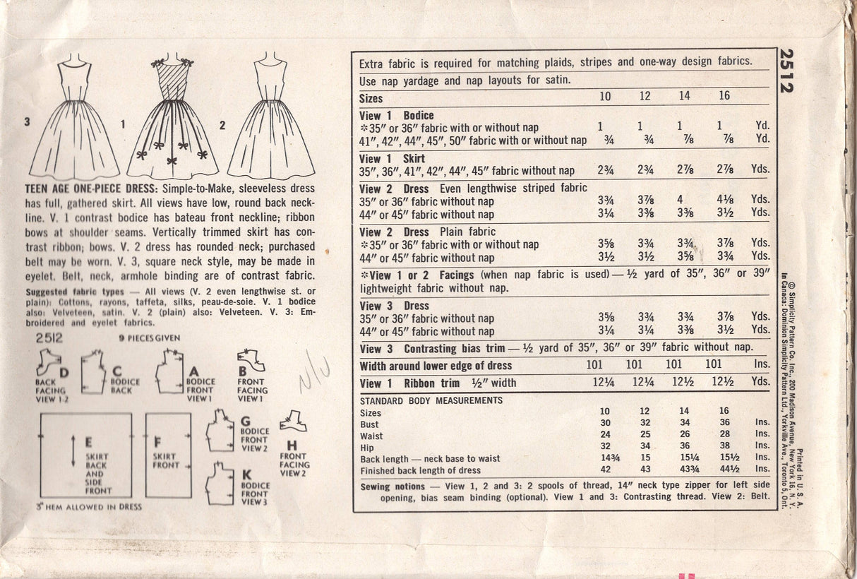 1950's Simplicity Fit and Flare Dress with Square or Scoop Neckline - Bust 34" - No. 2512