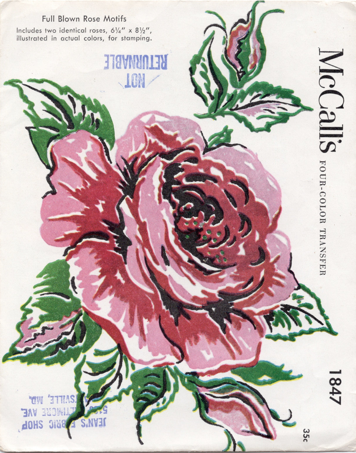 1950's McCall's Large Rose Color Transfer - No. 1847