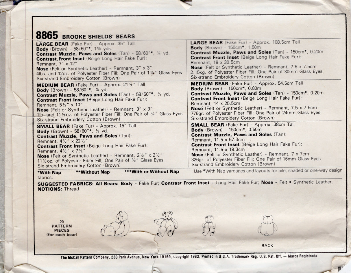 1980’s McCall’s Brooke Sheild's Moon Bears Pattern - No. 8865