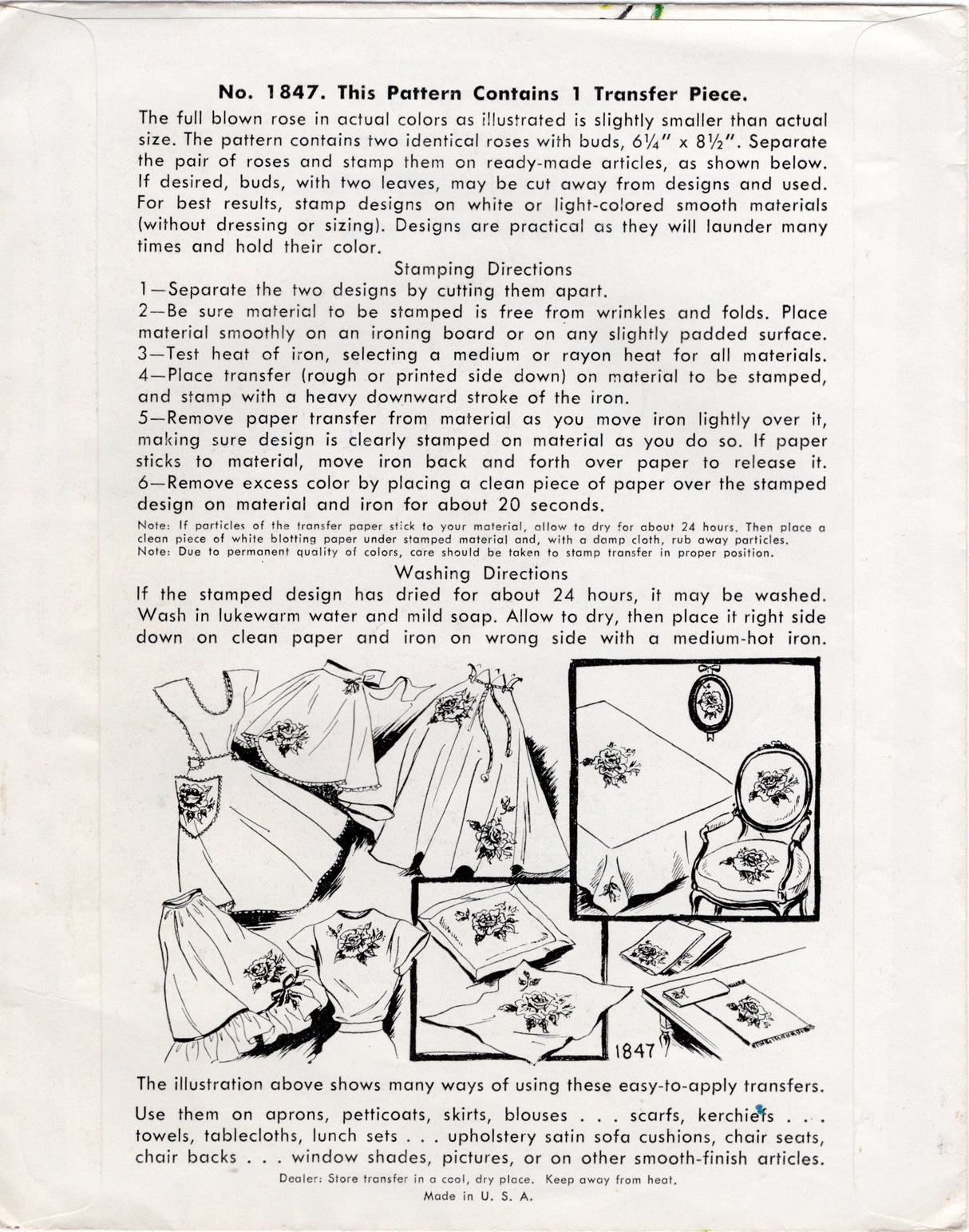 1950's McCall's Large Rose Color Transfer - No. 1847