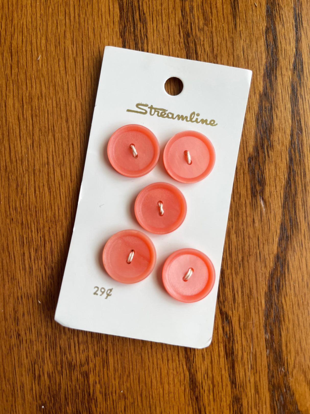 1980’s Streamline Peach/Orange Matte Plastic Buttons - Set of 5 - 3/4” - on card