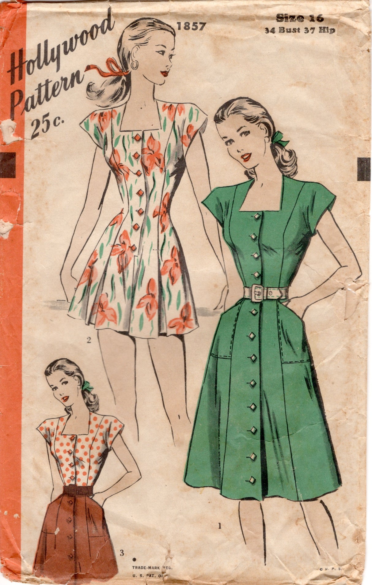 1940's Hollywood Playsuit and Button Front Skirt Pattern - Bust 34" - No. 1857