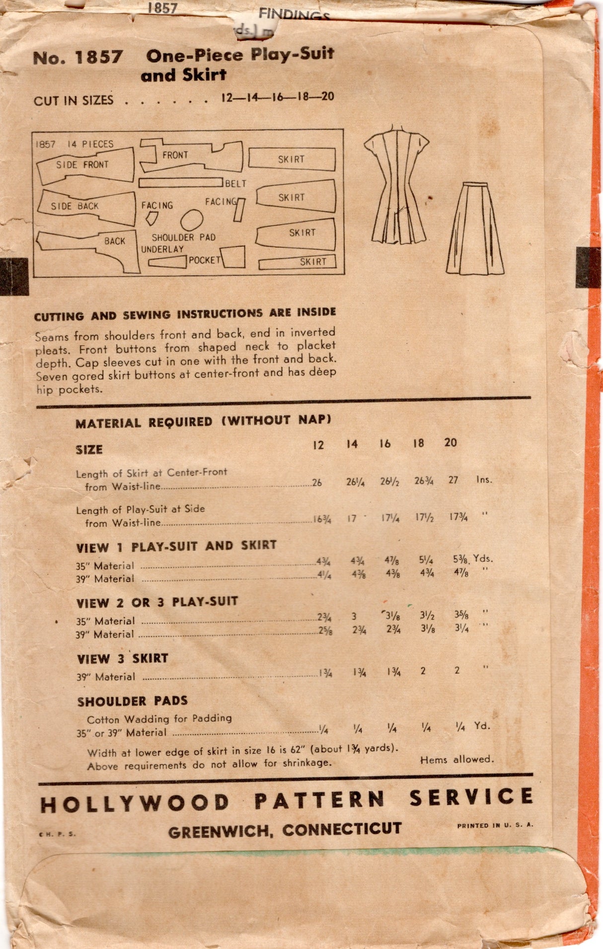 1940's Hollywood Playsuit and Button Front Skirt Pattern - Bust 34" - No. 1857