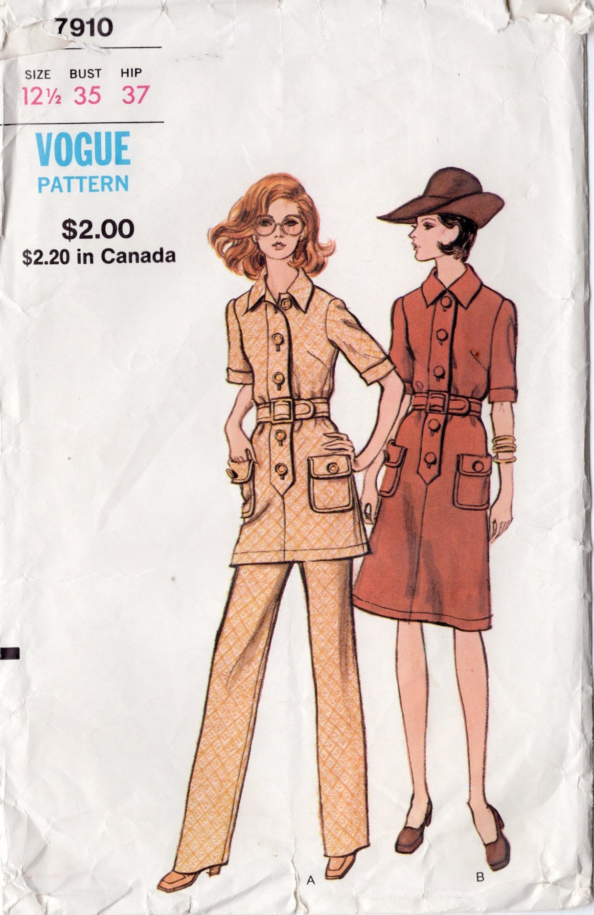 1970's Vogue One Piece Button Tab Front Dress and Pants Pattern - Bust 35" - No. 7910