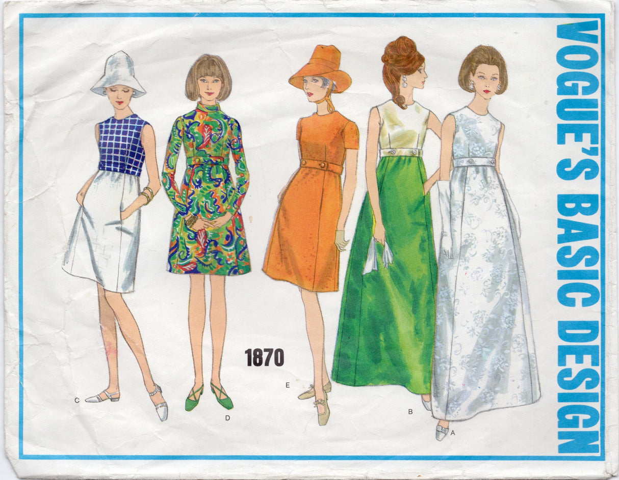 1960's Vogue Basic Design Empire Waist Midi or Maxi Dress Pattern - Bust 36" - No. 1870