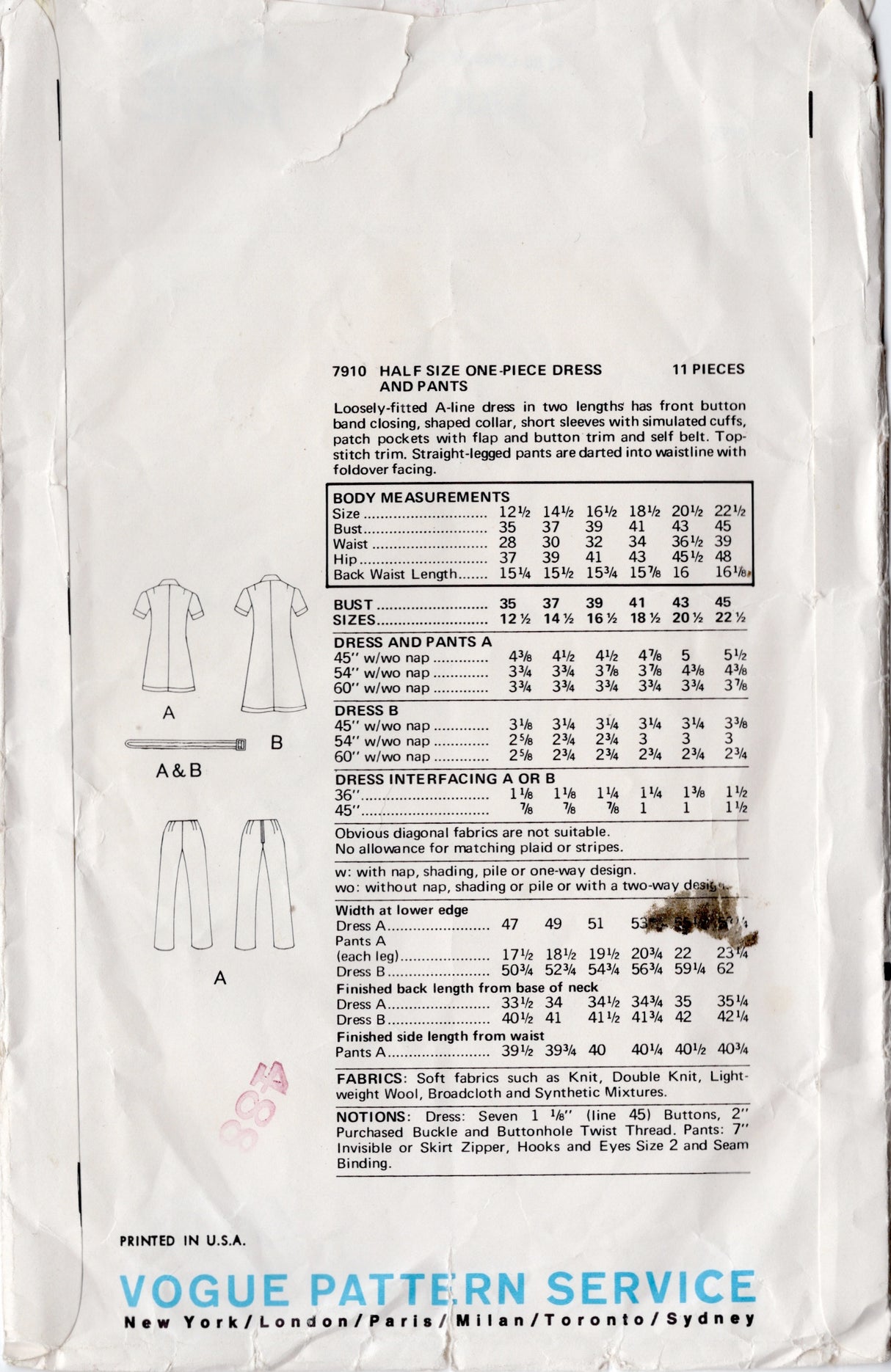 1970's Vogue One Piece Button Tab Front Dress and Pants Pattern - Bust 35" - No. 7910